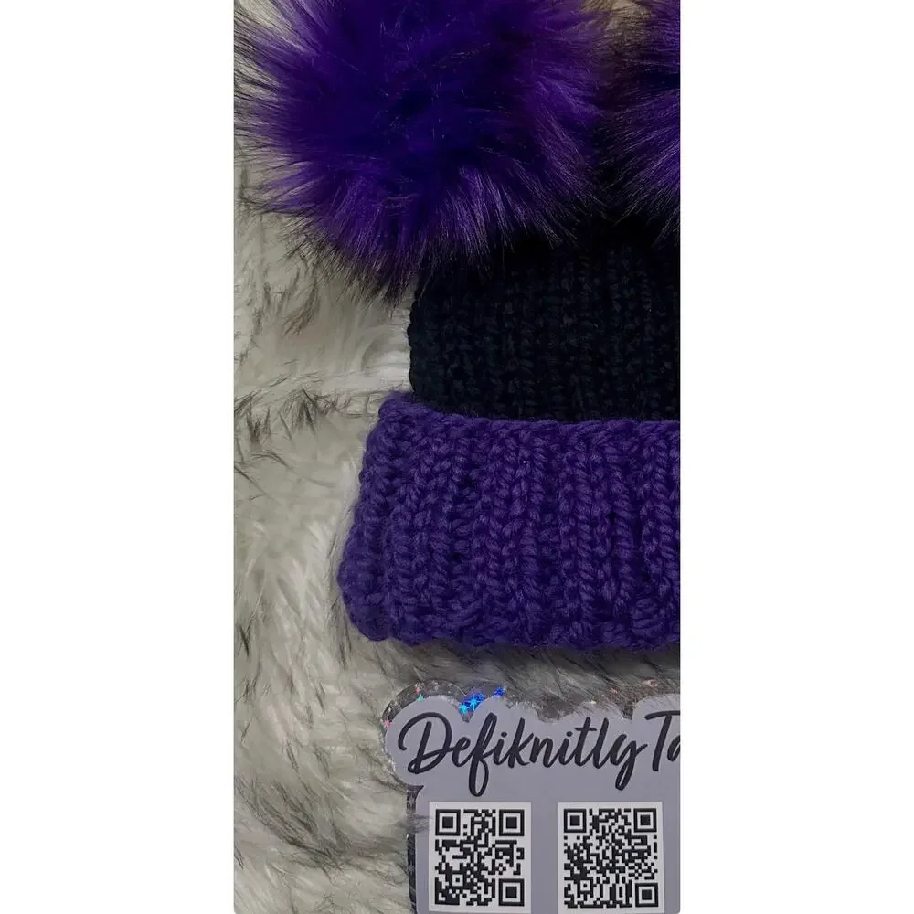 Hand Knit Beanie with Double Faux Fur Poms - Adult Winter Hat